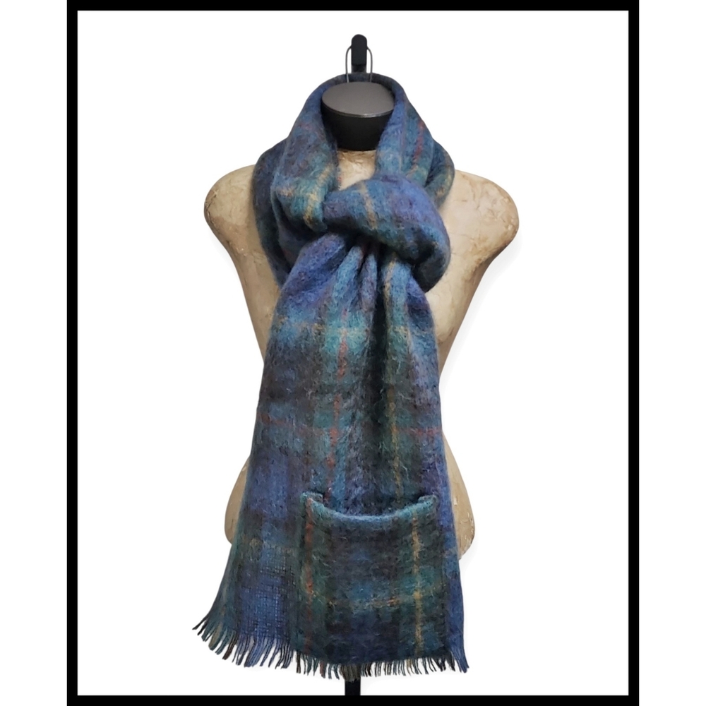 Vintage Tartan Plaid Scarf Wrap Shawl Pockets Mohair Wool James Pringle Weavers